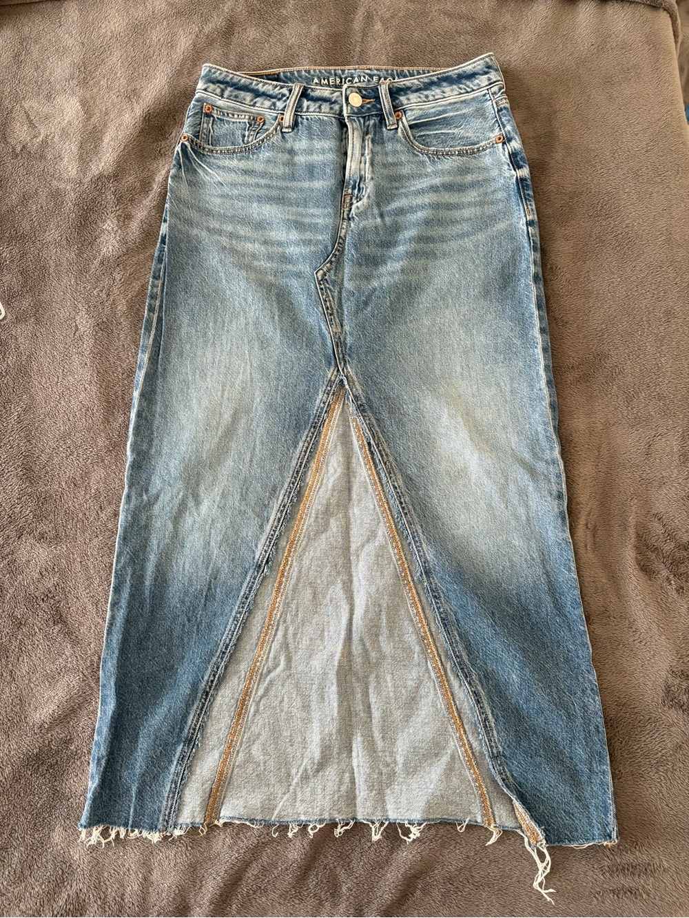 American Eagle Outfitters Light Blue Straight Leg Jeans Skirt with Front Slit